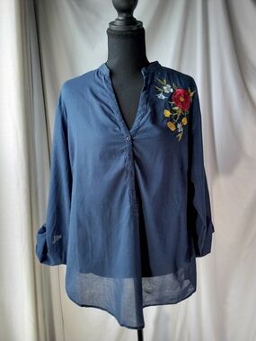 Fashion Magazine Navy Button-Front Top with Red & Yellow Embroidery